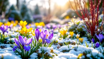 A hyper-realistic, professional photograph capturing the transition from late winter to early spring in a classic British garden. In the foreground, a vibrant clump of deep purple Iris reticulata and bright yellow crocuses bloom through a light dusting of melting snow. In the mid-ground, the fiery red stems of a Cornus alba 'Sibirica' provide a stark, beautiful contrast. The background shows the soft, blurred shapes of evergreen shrubs and the promise of a blossoming magnolia tree under a cool, bright sky. The lighting is the low, golden sunlight of an early spring morning, evoking a sense of hope, renewal, and the quiet beauty of the changing seasons. The style should be reminiscent of a feature in Gardens Illustrated magazine.