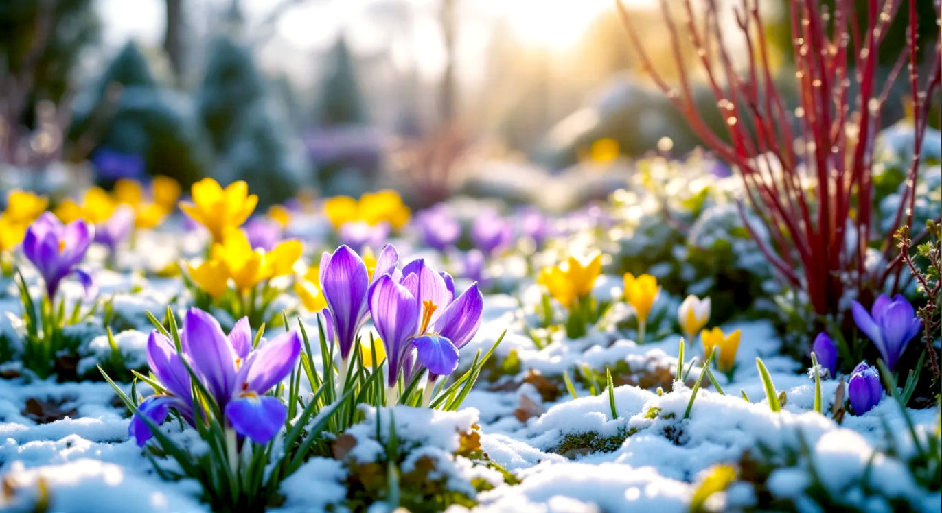 A hyper-realistic, professional photograph capturing the transition from late winter to early spring in a classic British garden. In the foreground, a vibrant clump of deep purple Iris reticulata and bright yellow crocuses bloom through a light dusting of melting snow. In the mid-ground, the fiery red stems of a Cornus alba 'Sibirica' provide a stark, beautiful contrast. The background shows the soft, blurred shapes of evergreen shrubs and the promise of a blossoming magnolia tree under a cool, bright sky. The lighting is the low, golden sunlight of an early spring morning, evoking a sense of hope, renewal, and the quiet beauty of the changing seasons. The style should be reminiscent of a feature in Gardens Illustrated magazine.