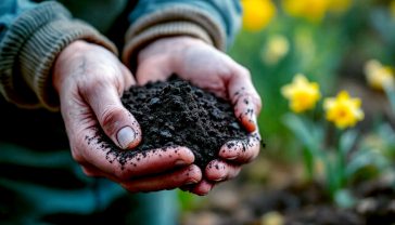 A hyper-realistic, professional photograph in the style of a Gardeners' World magazine feature. The image shows a pair of hands, weathered but clean, cupping a handful of rich, dark, crumbly loam. In the background, a quintessentially British garden in early spring is softly blurred, showing daffodil shoots and a well-tended vegetable patch. The lighting is soft, morning light, creating a hopeful and nurturing mood. The overall feel is authentic, wholesome, and deeply connected to the earth.