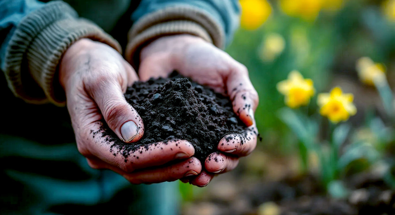 A hyper-realistic, professional photograph in the style of a Gardeners' World magazine feature. The image shows a pair of hands, weathered but clean, cupping a handful of rich, dark, crumbly loam. In the background, a quintessentially British garden in early spring is softly blurred, showing daffodil shoots and a well-tended vegetable patch. The lighting is soft, morning light, creating a hopeful and nurturing mood. The overall feel is authentic, wholesome, and deeply connected to the earth.