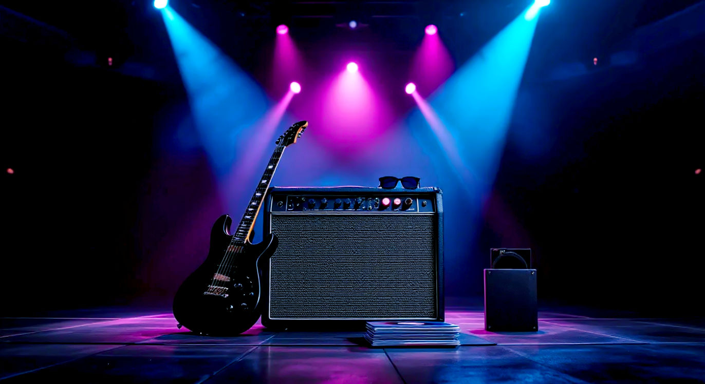 A hyper-realistic, professional photograph capturing the essence of 1980s rock music. Composition: A vintage Marshall amplifier stack stands centre stage in an empty but iconic arena like Wembley. On top of the amp sits a well-worn black Fender Stratocaster guitar, a pair of Ray-Ban Wayfarer sunglasses, and a stack of vinyl records. The record sleeves should subtly hint at iconic album art from bands like U2, Def Leppard, and The Cure without being direct copies. Lighting: Dramatic, moody stage lighting with beams of electric blue and hot pink light cutting through a light haze. Mood: Nostalgic, epic, and reverent. The image should feel like a powerful tribute to a legendary era of music, evoking a sense of power, history, and the quiet before the storm. Style of a high-end music magazine feature.