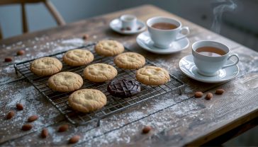 A hyper-realistic, professional food photography shot. A rustic wooden kitchen table is lightly dusted with almond flour. In the centre, a cooling rack holds a beautiful assortment of freshly baked almond flour cookies: golden chocolate chip, pale lemon shortbread, and dark double chocolate. A classic British-style teacup and saucer sits nearby with steaming tea. The lighting is soft and natural, coming from a nearby window, creating a warm, inviting, and cosy atmosphere. The style is reminiscent of a feature in BBC Good Food or Delicious. magazine.