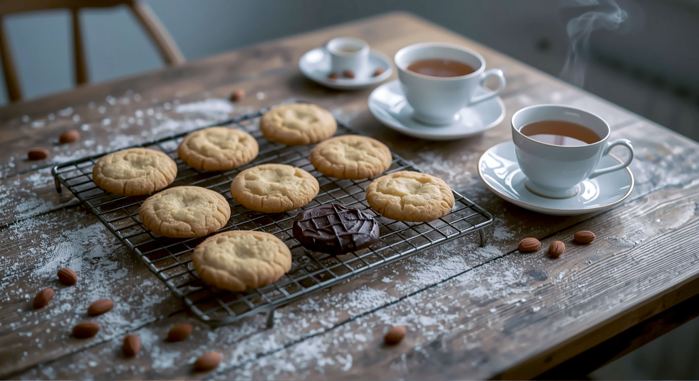 A hyper-realistic, professional food photography shot. A rustic wooden kitchen table is lightly dusted with almond flour. In the centre, a cooling rack holds a beautiful assortment of freshly baked almond flour cookies: golden chocolate chip, pale lemon shortbread, and dark double chocolate. A classic British-style teacup and saucer sits nearby with steaming tea. The lighting is soft and natural, coming from a nearby window, creating a warm, inviting, and cosy atmosphere. The style is reminiscent of a feature in BBC Good Food or Delicious. magazine.