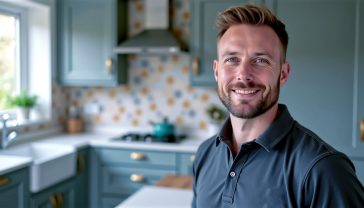 A hyper-realistic, professional photograph in the style of a feature in Ideal Home magazine. The shot is a close-up, angled view of a skilled kitchen worktop fitter in his late 30s, wearing a smart, dark grey polo shirt with a subtle company logo. The background shows a modern, British-style kitchen with soft-grey shaker cabinets and brushed brass handles, slightly out of focus. The lighting is soft and natural, coming from a nearby window, creating a feeling of quality, precision, and homeowner satisfaction. The overall mood is calm, professional, and trustworthy.