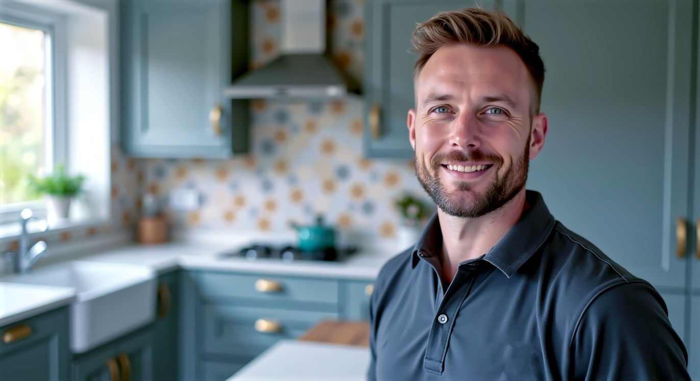 A hyper-realistic, professional photograph in the style of a feature in Ideal Home magazine. The shot is a close-up, angled view of a skilled kitchen worktop fitter in his late 30s, wearing a smart, dark grey polo shirt with a subtle company logo. The background shows a modern, British-style kitchen with soft-grey shaker cabinets and brushed brass handles, slightly out of focus. The lighting is soft and natural, coming from a nearby window, creating a feeling of quality, precision, and homeowner satisfaction. The overall mood is calm, professional, and trustworthy.