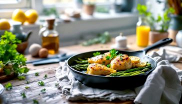 A hyper-realistic, professional food photograph in the style of a BBC Good Food magazine cover. The shot captures a rustic wooden kitchen table, artfully cluttered. In the centre is a golden-brown, one-pan lemon and herb chicken dish in a cast-iron skillet, nestled amongst roasted asparagus spears. Soft, natural window light illuminates the scene, highlighting the glistening chicken skin and fresh parsley garnish. The mood is warm, cosy, and aspirational yet achievable, evoking the satisfaction of a delicious home-cooked British weeknight meal.