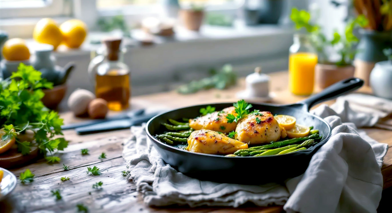 A hyper-realistic, professional food photograph in the style of a BBC Good Food magazine cover. The shot captures a rustic wooden kitchen table, artfully cluttered. In the centre is a golden-brown, one-pan lemon and herb chicken dish in a cast-iron skillet, nestled amongst roasted asparagus spears. Soft, natural window light illuminates the scene, highlighting the glistening chicken skin and fresh parsley garnish. The mood is warm, cosy, and aspirational yet achievable, evoking the satisfaction of a delicious home-cooked British weeknight meal.