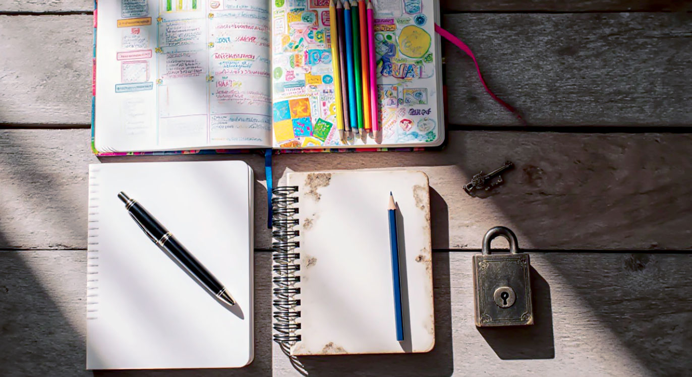 A hyper-realistic photograph, shot from directly overhead (flat-lay style), with soft, diffused daylight illuminating the scene on a rustic wooden surface. The image displays a diverse collection of journaling tools and styles, artfully arranged. This includes: a minimalist notebook with a fountain pen, a vibrant and colourful bullet journal with various coloured pens and stickers, a simple spiral-bound notebook with a well-used pencil, and a small, antique-looking diary with a lock and key. Each item subtly represents a different journaling method, suggesting variety and personal choice. The mood is inviting, inspiring, and creative.