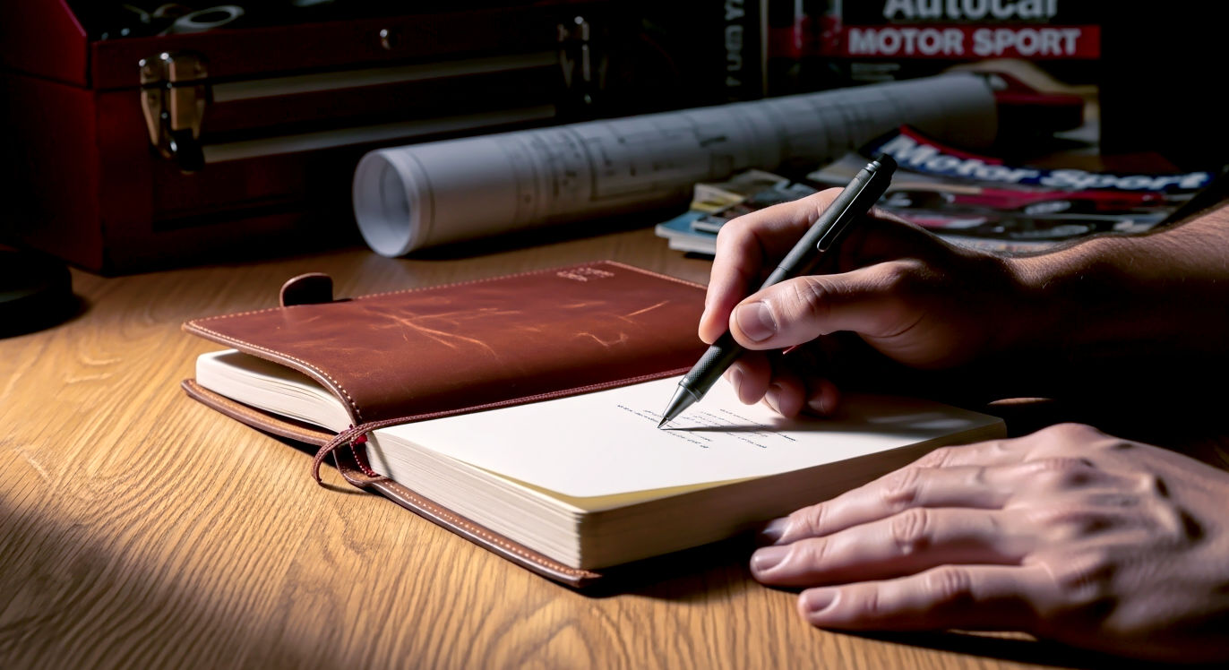 A hyper-realistic photograph, shot from a slightly low, masculine perspective. The focus is on a sturdy, slightly worn leather-bound journal open on a workbench or a solid oak desk. Next to it, there's a heavy-duty pen (perhaps metal or tactical-looking), a pair of working man's hands (strong, slightly calloused, but neatly kept) holding the pen, poised to write. In the blurred background, hints of traditionally masculine interests – perhaps a subtle glimpse of a toolbox, blueprints, or classic British automotive literature. The lighting is strong and purposeful, casting subtle shadows, creating a grounded, serious, and practical mood. The overall aesthetic is one of strength, thought, and purposeful.