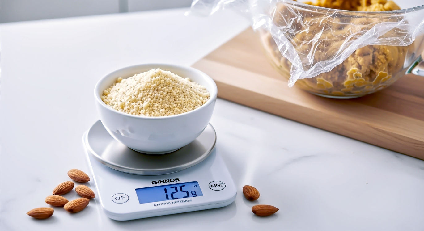 A bright, clean kitchen counter with a digital kitchen scale accurately weighing a small bowl of fine blanched almond flour. In the background, there's a mixing bowl with cookie dough, partially covered with cling film, suggesting it's chilling in a fridge (or about to be). The scene is well-lit, organised, and professional, emphasising precision and ease.
