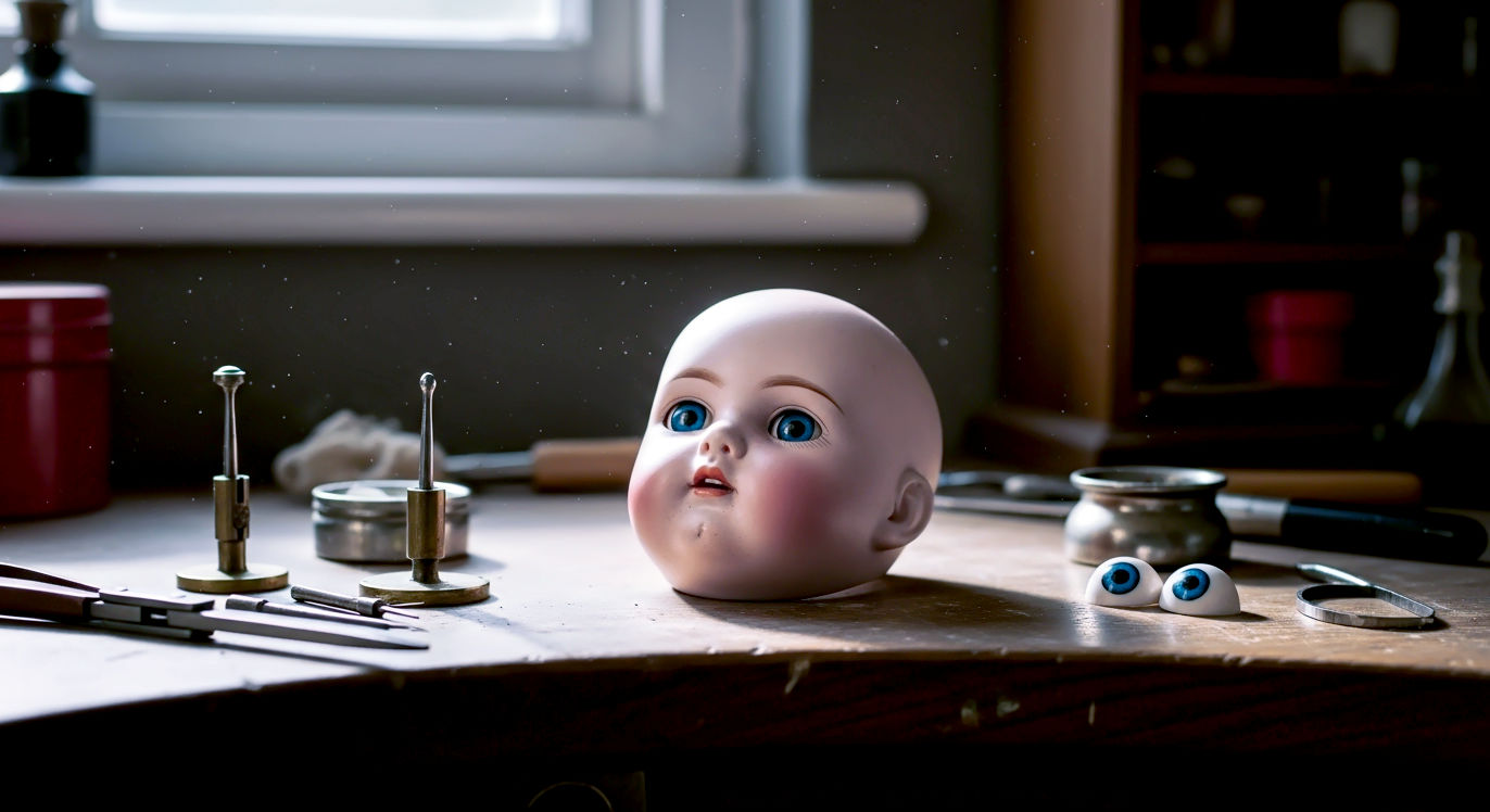 A hyper-realistic photograph in the style of a feature in The English Home magazine. An antique bisque doll head with beautiful blue glass eyes lies on a cluttered, charming workbench in a British workshop. Soft, natural light streams from a window, illuminating dust motes. On the workbench are antique-style restoration tools: small brass levers, a pot of wax, and a pair of loose paperweight eyes. The mood is nostalgic, meticulous, and full of gentle care.