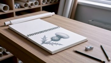 Hyper-realistic professional photograph, soft natural light from a window illuminating an artist's wooden desk in a cosy British studio. On the desk, a beautiful A3 spiral-bound sketchbook with thick, creamy paper is open. A graphite pencil drawing of a detailed botanical illustration (a thistle) is partially complete. Several pencils, a sharpener, and an eraser are scattered neatly nearby. In the background, rolls of paper and art supplies are visible on shelves. The mood is calm, creative, and inspiring.