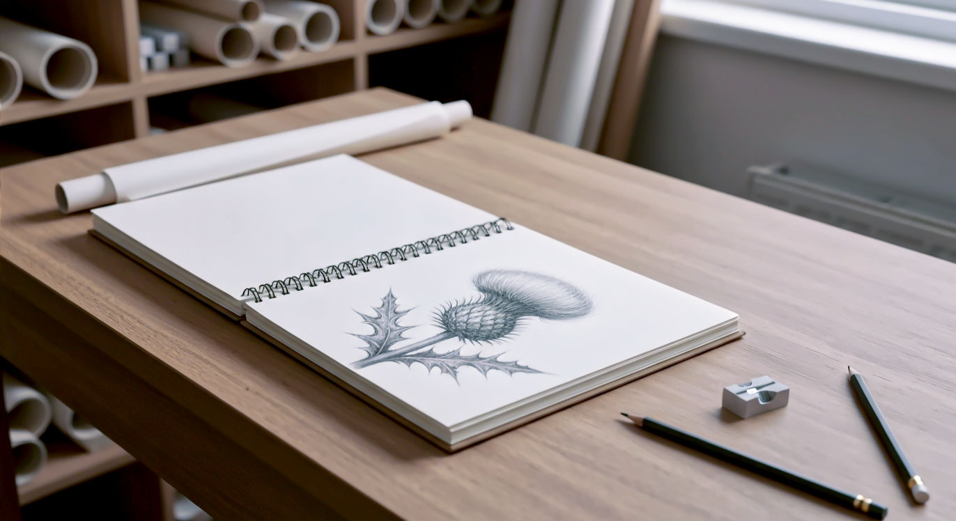 Hyper-realistic professional photograph, soft natural light from a window illuminating an artist's wooden desk in a cosy British studio. On the desk, a beautiful A3 spiral-bound sketchbook with thick, creamy paper is open. A graphite pencil drawing of a detailed botanical illustration (a thistle) is partially complete. Several pencils, a sharpener, and an eraser are scattered neatly nearby. In the background, rolls of paper and art supplies are visible on shelves. The mood is calm, creative, and inspiring.