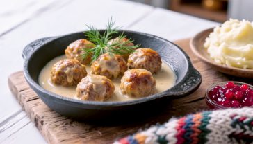 A hyper-realistic, professional food photograph capturing a cosy, rustic dining scene. The focus is a shallow, dark ceramic or cast-iron bowl filled with about six golden-brown Swedish meatballs, generously coated in a pale, creamy gravy. A sprig of fresh dill garnishes the top. Next to the bowl, on a wooden table with a natural grain, is a dollop of vibrant red lingonberry jam and a small pile of creamy mashed potatoes. In the soft-focus background, hint at a cosy kitchen with warm, inviting lighting. The overall mood is comforting, delicious, and achievable, evoking the feeling of a perfect homemade meal on a chilly British evening. Style it like a feature in a BBC Good Food or Delicious magazine.