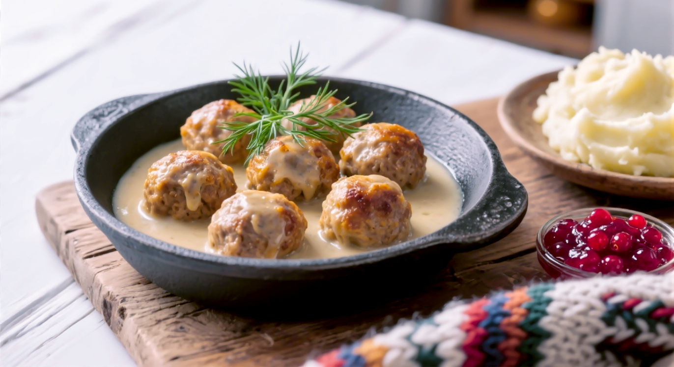 A hyper-realistic, professional food photograph capturing a cosy, rustic dining scene. The focus is a shallow, dark ceramic or cast-iron bowl filled with about six golden-brown Swedish meatballs, generously coated in a pale, creamy gravy. A sprig of fresh dill garnishes the top. Next to the bowl, on a wooden table with a natural grain, is a dollop of vibrant red lingonberry jam and a small pile of creamy mashed potatoes. In the soft-focus background, hint at a cosy kitchen with warm, inviting lighting. The overall mood is comforting, delicious, and achievable, evoking the feeling of a perfect homemade meal on a chilly British evening. Style it like a feature in a BBC Good Food or Delicious magazine.
