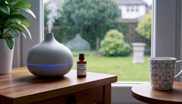A hyper-realistic photo, cosy 'hygge' style. A beautiful ceramic ultrasonic diffuser sits on a rustic oak side table, releasing a gentle wisp of mist. Next to it is a small, dark amber bottle labelled '100% Pure Lavender Oil' and a cup of tea in a stylish Orla Kiely mug. Through a window, a soft, rainy British garden is blurred in the background.