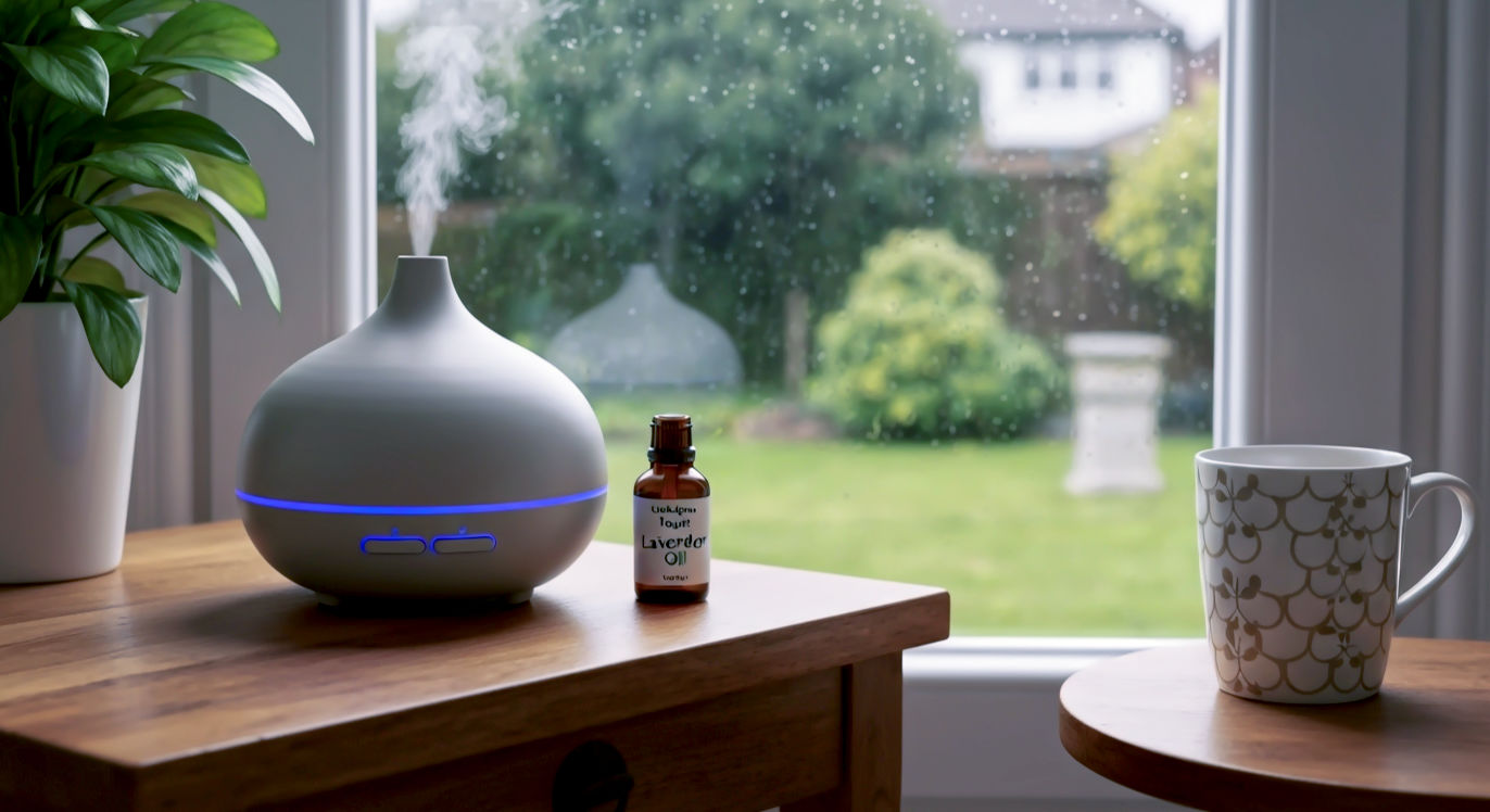 A hyper-realistic photo, cosy 'hygge' style. A beautiful ceramic ultrasonic diffuser sits on a rustic oak side table, releasing a gentle wisp of mist. Next to it is a small, dark amber bottle labelled '100% Pure Lavender Oil' and a cup of tea in a stylish Orla Kiely mug. Through a window, a soft, rainy British garden is blurred in the background.