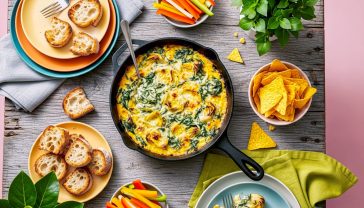 A hyper-realistic, professional photograph in the style of a rustic foodie magazine like Olive or Delicious. The shot is a slightly overhead, three-quarters angle of a bubbling, golden-brown spinach artichoke dip in a black cast-iron skillet. The skillet sits on a distressed wooden table. Around it are scattered dippers: chunky, rustic slices of toasted sourdough, colourful carrot and bell pepper sticks, and a small bowl of tortilla chips. The lighting is soft and warm, like late afternoon sun coming through a kitchen window, creating a cosy and inviting mood. The overall feel is comforting, homemade, and quintessentially British.