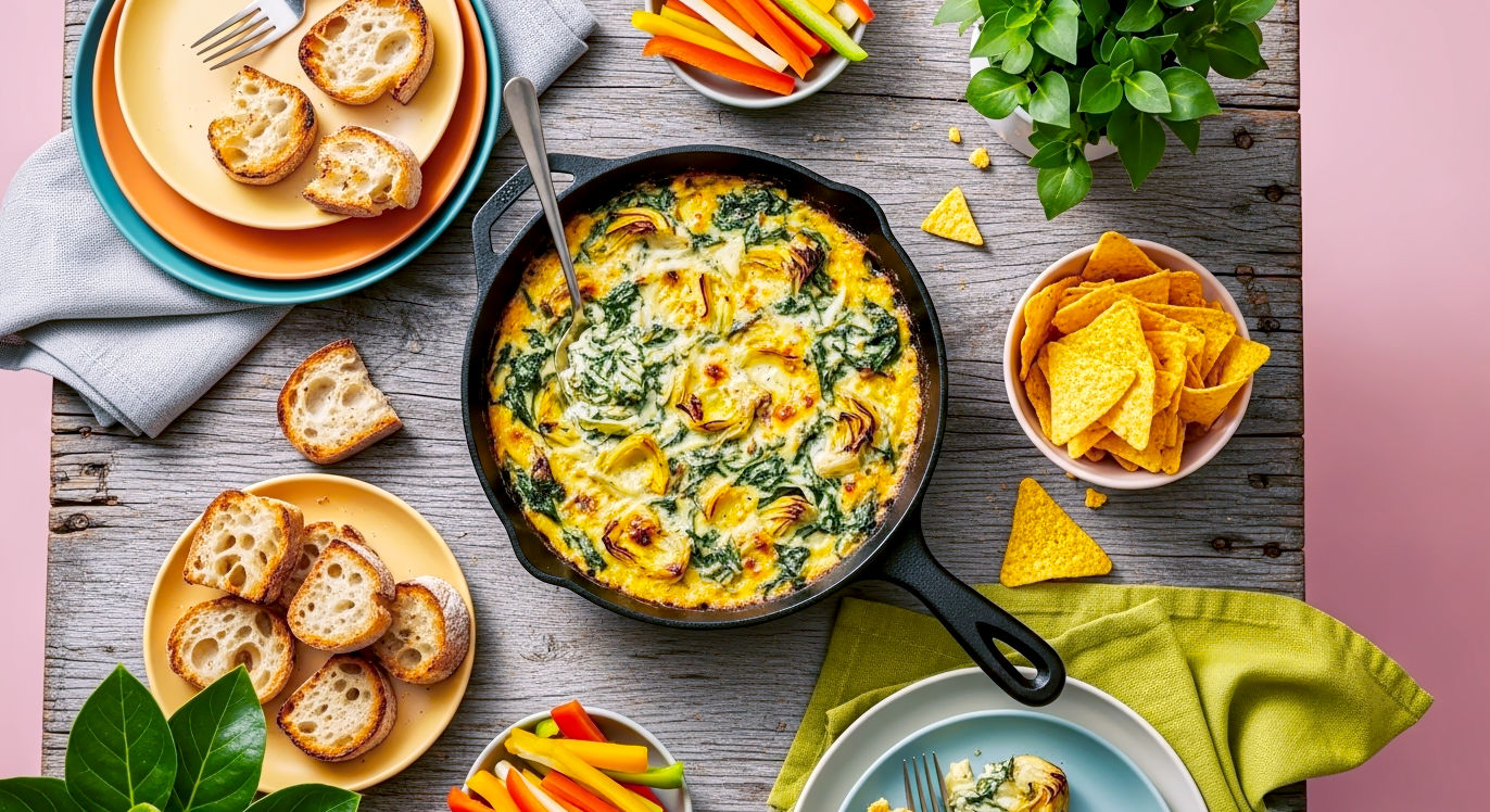 A hyper-realistic, professional photograph in the style of a rustic foodie magazine like Olive or Delicious. The shot is a slightly overhead, three-quarters angle of a bubbling, golden-brown spinach artichoke dip in a black cast-iron skillet. The skillet sits on a distressed wooden table. Around it are scattered dippers: chunky, rustic slices of toasted sourdough, colourful carrot and bell pepper sticks, and a small bowl of tortilla chips. The lighting is soft and warm, like late afternoon sun coming through a kitchen window, creating a cosy and inviting mood. The overall feel is comforting, homemade, and quintessentially British.