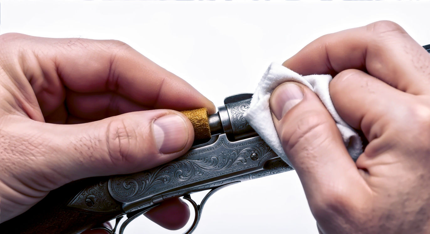 A hyper-realistic, professional macro photograph, styled like a feature for a high-end watchmaking journal. The shot is an extreme close-up on the hands of a master restorer bringing a vintage firearm back to life. The focus is on the delicate process of removing a small patch of surface rust from the intricate scrollwork engraving on a classic Purdey shotgun's receiver. One hand, steady and precise, gently works a small piece of oil-dampened, ultra-fine bronze wool over the area, while the other holds a soft, clean cloth ready to wipe away the residue. The lighting is bright and clinical, like that of a surgeon's lamp, revealing every minute detail of the metal, the restorer's focused expression just visible in the polished reflection. The mood is one of patience, expertise, and reverence for the craft of preservation.