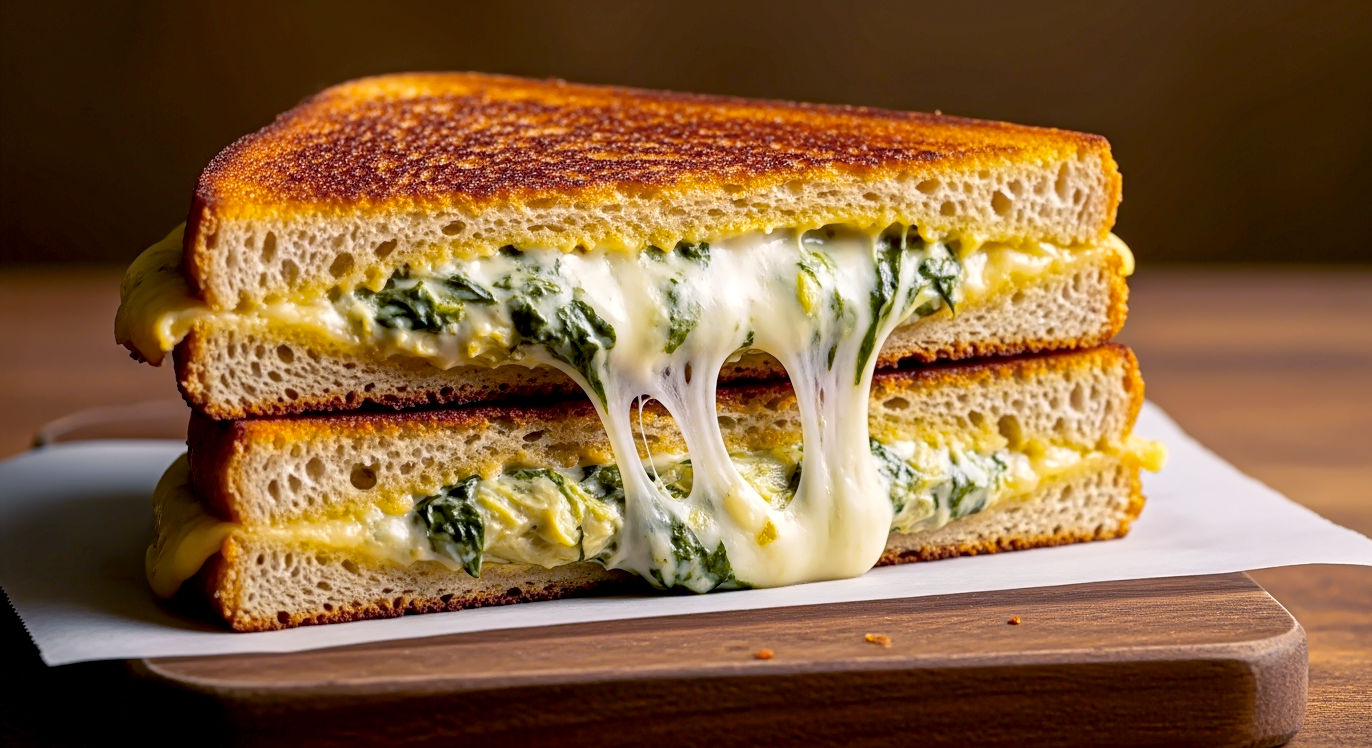 A mouth-watering, hyper-realistic close-up photograph in the style of a Delicious. magazine feature. The subject is a perfectly golden-brown grilled cheese sandwich, made with thick-cut sourdough bread, sliced in half diagonally. The sandwich is propped up on a small wooden board, revealing an irresistible, gooey cross-section filled with leftover spinach artichoke dip. A dramatic, satisfying "cheese pull" is visible, stretching between the two halves. The lighting is warm and soft, focused entirely on the toastie to emphasize its comforting, indulgent texture. The mood is one of pure, satisfying comfort food.