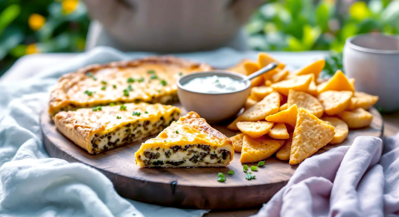 Professional, lifestyle food photography in the style of a feature in Olive or Waitrose Food magazine. A large, rustic wooden platter is the centrepiece, showcasing the versatility of spanakopita at a stylish, casual lunch gathering. On one side of the platter are two perfectly cut square slices of the large pie, showing off the flaky layers and rich filling. On the other side is a generous, tempting pile of crisp, golden triangular spanakopitakia. A small, handcrafted ceramic bowl of creamy tzatziki sits in the middle for dipping. The background is softly out of focus but suggests a garden setting. The lighting is bright and natural, creating a sociable, fresh, and abundant feel.