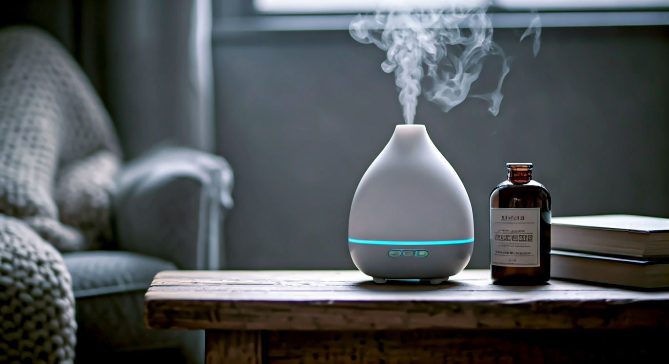 hyper-realistic, professional photograph from a low angle, capturing a cosy British living room scene. Subject: In the foreground, a modern, white ceramic ultrasonic diffuser sits on a reclaimed wooden side table, releasing a gentle wisp of steam. Next to it is the dark amber 'Lemongrass' bottle and a single, well-read paperback book.