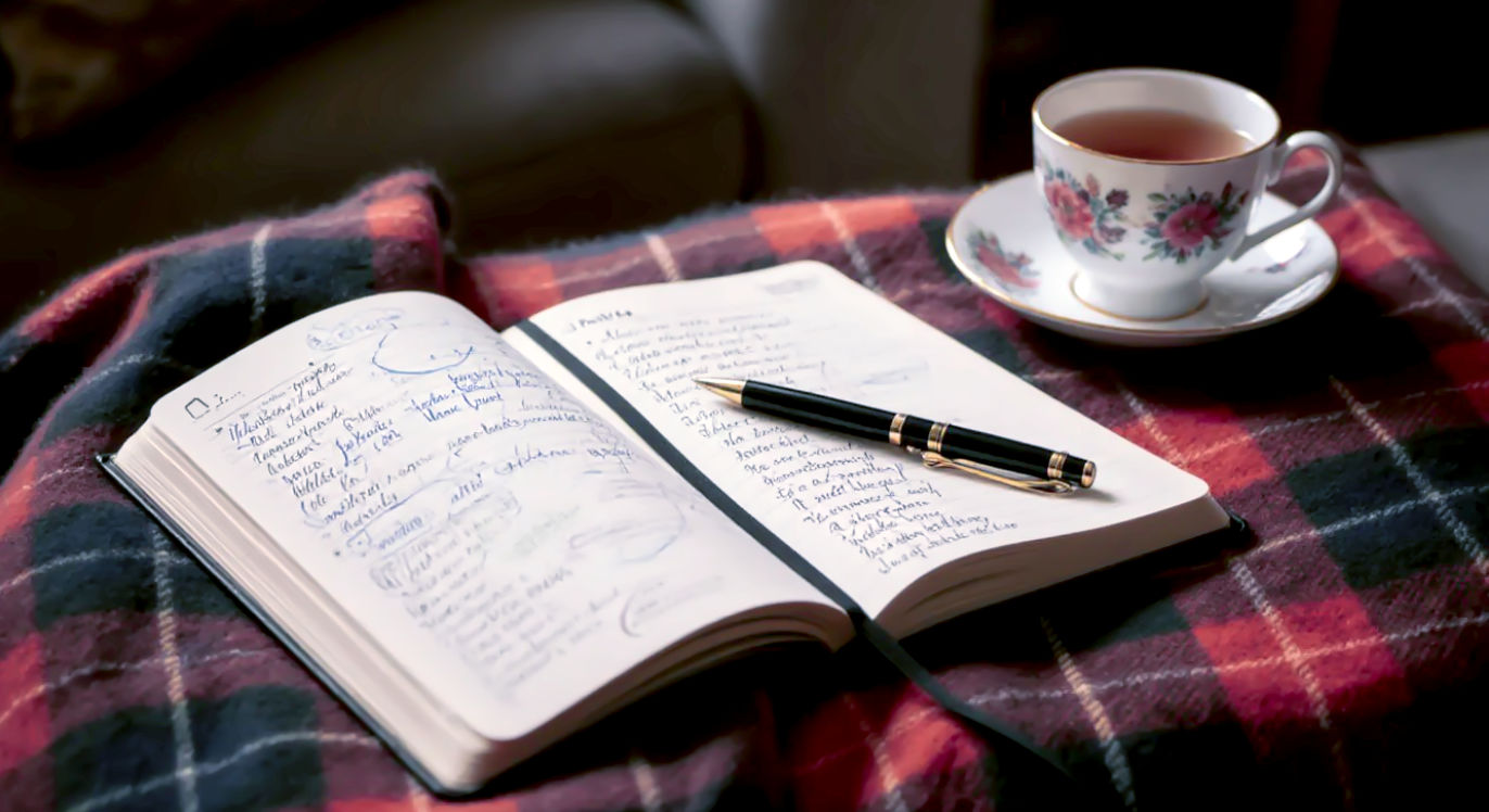 A hyper-realistic photograph, shot from a slightly elevated angle, focusing on an open, well-loved journal (A5 size) resting on a cosy, British-style tartan blanket. The pages of the journal are filled with various handwritten prompts, some circled or underlined, making it clear there are many ideas. A half-empty cup of tea (classic British teacup style) sits nearby, alongside a comfortable pen. The background is softly blurred but hints at a warm, inviting living room setting. The lighting is soft and ambient, creating a comforting, encouraging, and accessible mood.