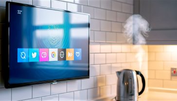 A hyper-realistic photograph of a 32-inch frameless TV wall-mounted in a cosy, modern British kitchen with white tube tiles. The screen is brightly lit, showing a generic smart TV home screen. A kettle is steaming softly in the background, just out of focus.