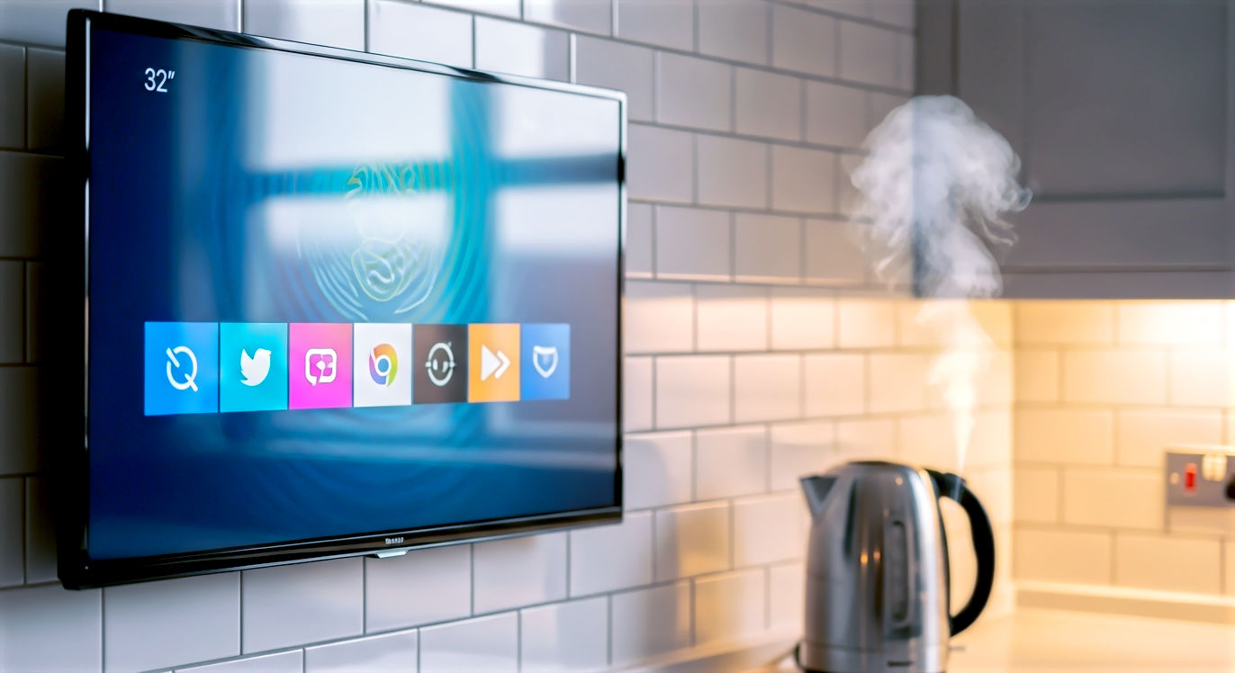 A hyper-realistic photograph of a 32-inch frameless TV wall-mounted in a cosy, modern British kitchen with white tube tiles. The screen is brightly lit, showing a generic smart TV home screen. A kettle is steaming softly in the background, just out of focus.