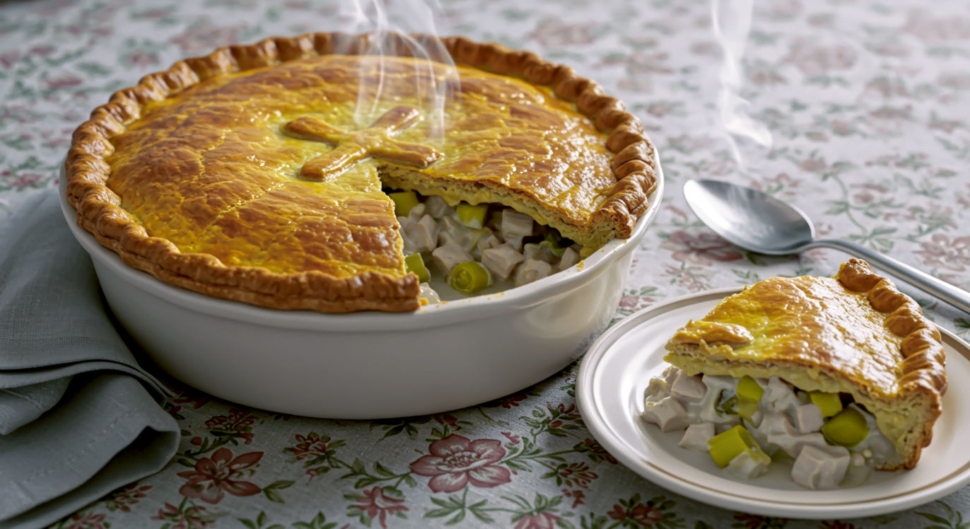 A hyper-realistic food photograph styled for a classic Good Housekeeping feature. A traditional ceramic pie dish holds a beautiful pie with a golden, perfectly puffed pastry lid. A single slice has been removed and placed on a plate, revealing the thick, creamy chicken and leek filling steaming gently. The scene is set on a patterned tablecloth, with a serving spoon resting beside the main dish. The lighting is soft and warm, evoking a cosy family dinner. The mood is nostalgic, comforting, and quintessentially British.