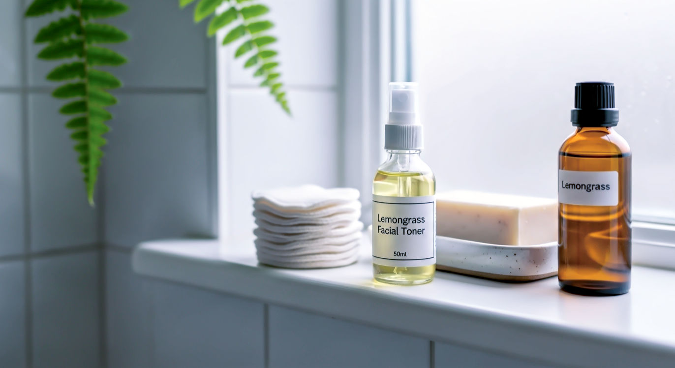 A hyper-realistic, professional photograph of a bright, minimalist British bathroom. Subject: A small, 50ml glass bottle of homemade 'Lemongrass Facial Toner' with a simple label. It sits on a painted wooden bathroom shelf next to a stack of reusable bamboo cotton pads, a bar of natural soap on a ceramic dish, and the amber 'Lemongrass' oil bottle.