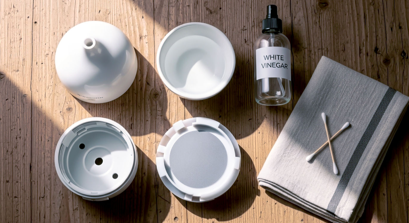 A hyper-realistic photo in a clean, organised 'utility' style that still feels warm and cosy. On a rustic wooden surface, the white ceramic diffuser from the featured image is neatly disassembled for its weekly clean. Alongside its parts are the simple, aesthetic cleaning tools: a clear glass bottle of white vinegar, a small ceramic bowl of clean water, and a few cotton buds arranged on a folded, natural linen tea towel. The lighting is bright but soft, like clear morning light from a nearby window, highlighting the clean surfaces.