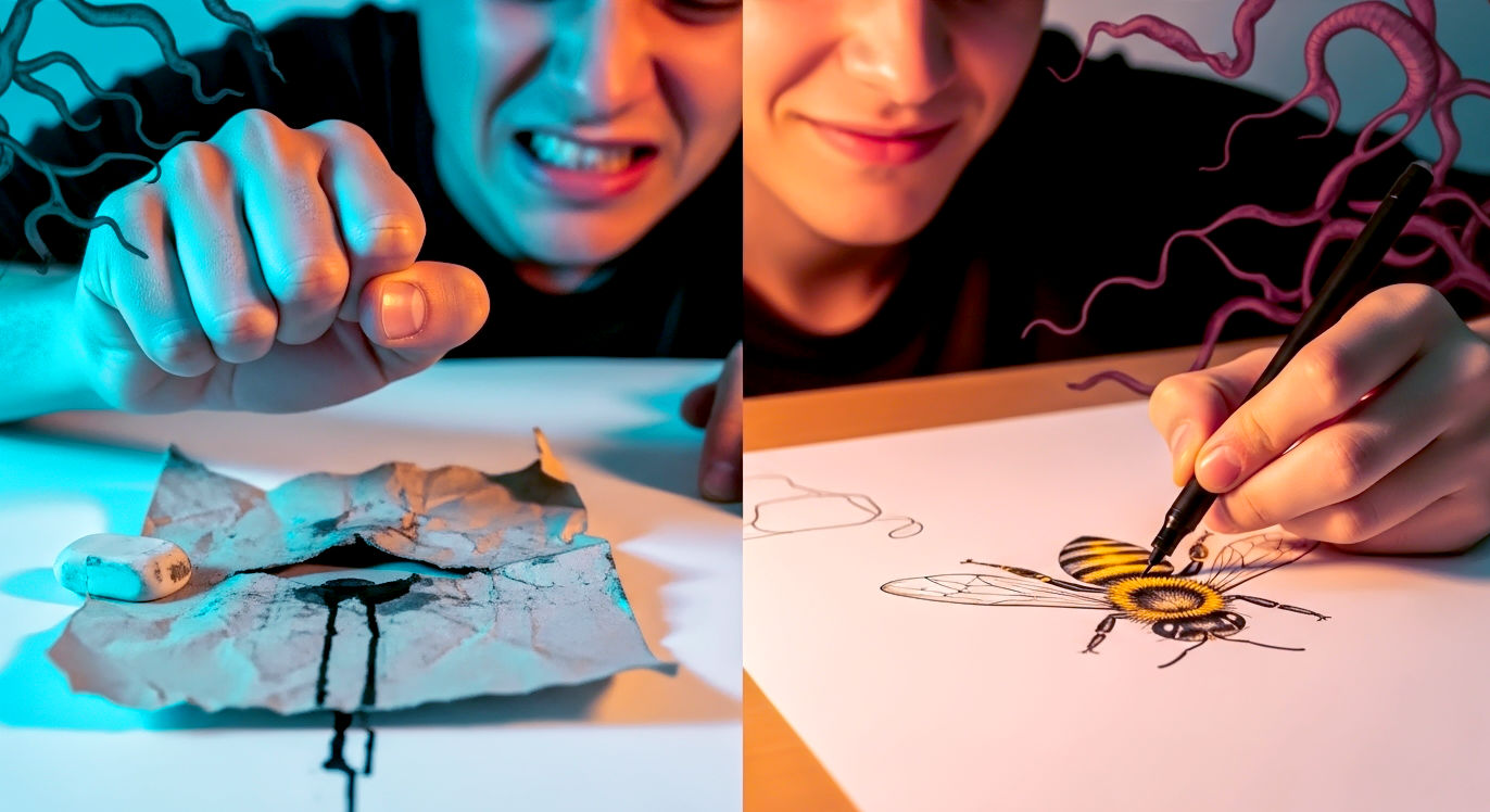 A dramatic, split-image style photograph that tells a story. On the left side, an artist's hand is shown in frustration over a piece of thin, cheap paper that has buckled and torn from erasing; a marker has bled through messily. The lighting on this side is cool and slightly harsh. On the right side, the same artist's hand is now calmly and confidently drawing a clean, crisp line with a fineliner on a sheet of thick, high-quality Bristol board. The drawing is neat and professional. The lighting on this side is warm and encouraging. The image visually contrasts the "pitfall" with the "pro" result.