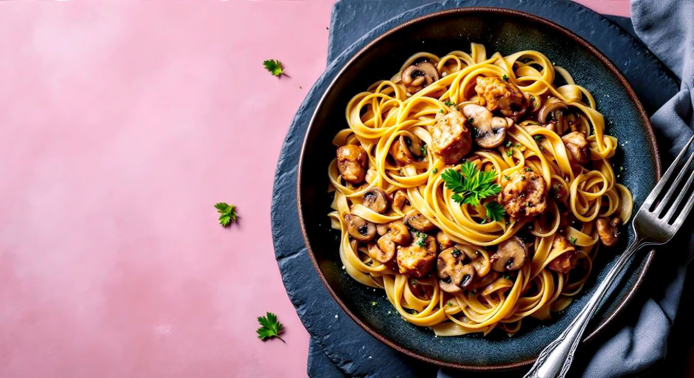 An overhead, hyper-realistic food photograph styled for delicious. Magazine. A deep, artisanal ceramic bowl is filled with tagliatelle coated in a rich, creamy sauce, with generous chunks of golden-brown chicken and sautéed chestnut mushrooms. The bowl sits on a dark slate surface, with a vintage silver fork resting on the rim. A sprig of fresh parsley adds a pop of colour. The lighting is moody and directional, creating soft shadows that emphasize the textures of the pasta and chicken. The mood is indulgent, comforting, and perfect for a cosy night in.