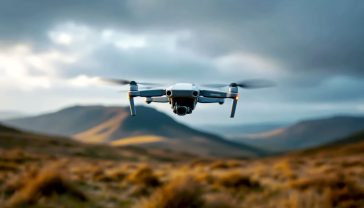 A hyper-realistic, professional photograph in the style of a travel magazine. A classic DJI Mavic Pro drone is hovering mid-air in the foreground, sharp and in focus. The background, with a soft depth of field, shows a dramatic and iconic British landscape, like the Quiraing on the Isle of Skye or the rolling hills of the Peak District, under a moody, overcast sky with pockets of golden light breaking through. The composition should be wide, evoking a sense of adventure and creative freedom. The overall mood is nostalgic yet powerful, capturing the enduring appeal of the drone.