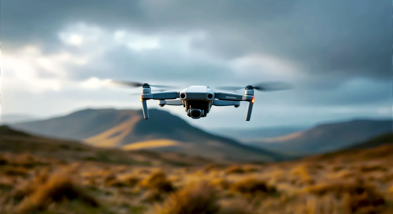 A hyper-realistic, professional photograph in the style of a travel magazine. A classic DJI Mavic Pro drone is hovering mid-air in the foreground, sharp and in focus. The background, with a soft depth of field, shows a dramatic and iconic British landscape, like the Quiraing on the Isle of Skye or the rolling hills of the Peak District, under a moody, overcast sky with pockets of golden light breaking through. The composition should be wide, evoking a sense of adventure and creative freedom. The overall mood is nostalgic yet powerful, capturing the enduring appeal of the drone.