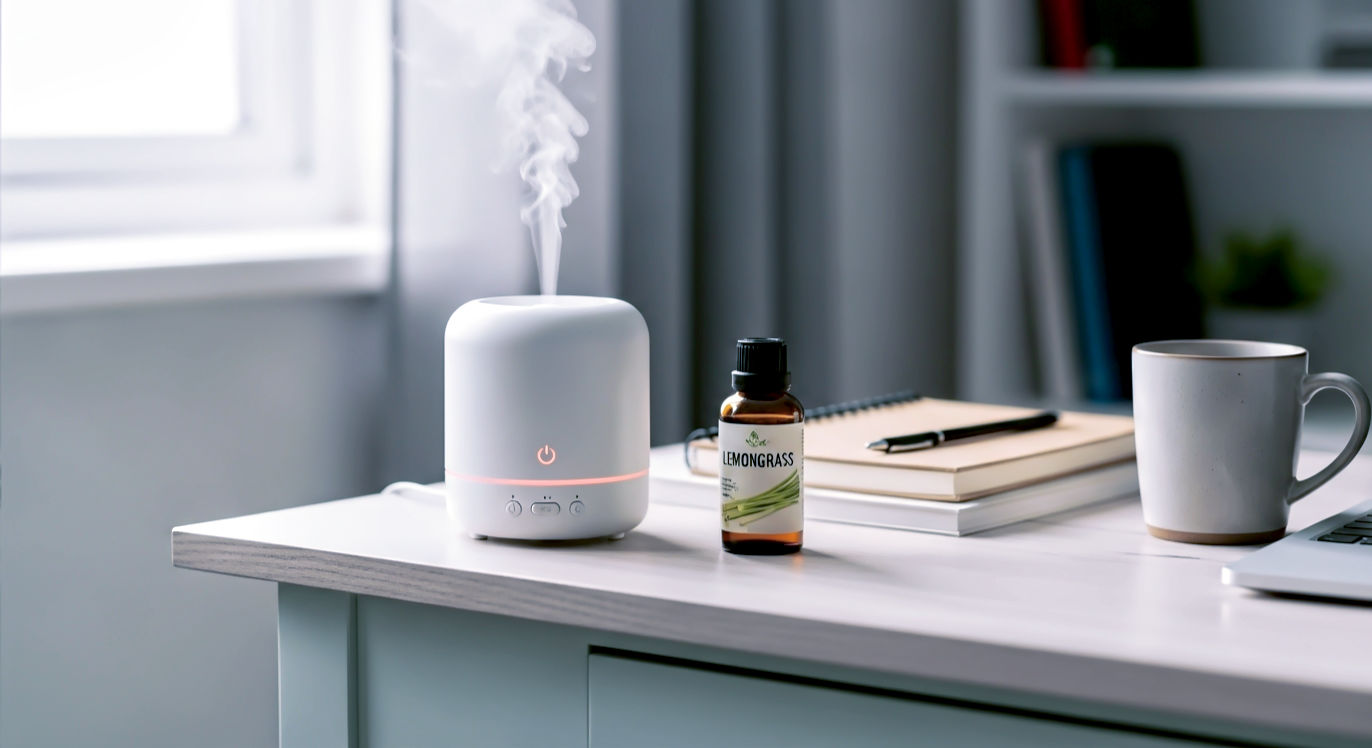 A hyper-realistic, professional photograph of a tidy home office desk or study nook. Subject: A small, minimalist diffuser (matching the one from prompt 1) is placed on the corner of a painted wooden desk, gently steaming. Next to it is the amber 'Lemongrass' bottle, a neat stack of notebooks, and a classic ceramic mug of tea.