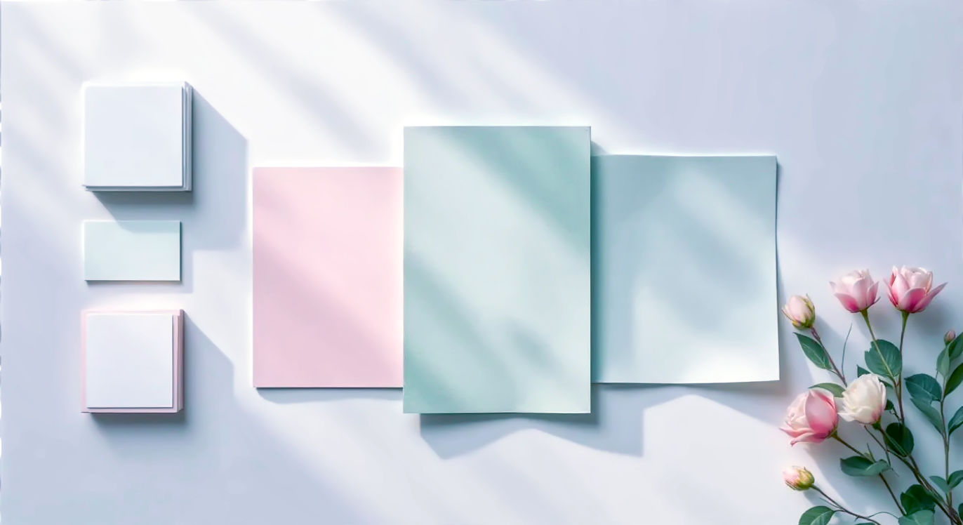 A sophisticated, educational flat-lay photograph for an art blog. The composition is a top-down view of a light grey work surface. In the centre, there's a macro close-up shot of three distinct paper samples arranged side-by-side. A soft, directional light from the side accentuates the different surface textures. The mood is clean, modern, and informative.
