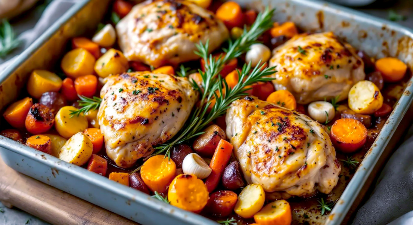 A hyper-realistic, professional food photograph in the style of an Olive Magazine feature. An angled shot showcases a large, well-used metal baking tray fresh from the oven, laden with crispy-skinned chicken thighs, deeply caramelised potatoes, carrots, and parsnip chunks. Whole roasted garlic cloves and sprigs of rosemary are tucked amongst the vegetables. The tray rests on a wooden board. The lighting is bright and clean, mimicking a modern kitchen, making the golden chicken skin and charred edges of the veg look incredibly appetizing. The mood is hearty, wholesome, and effortlessly rustic.