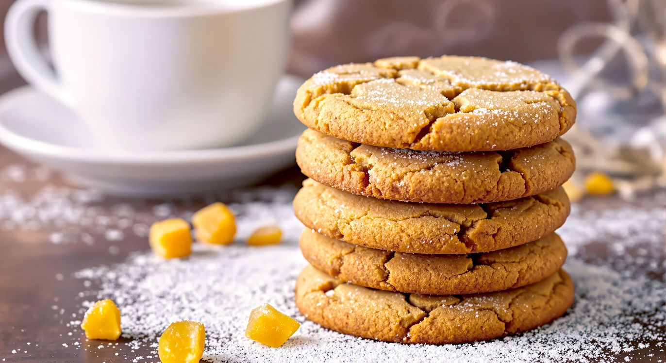 A stack of warm, inviting almond flour ginger biscuits, slightly cracked on top, with a dusting of caster sugar. A few pieces of crystallised ginger are scattered around, and a subtle steam effect could be visible from a nearby cup of hot tea or coffee. The mood is cosy and comforting, with a hint of spice.