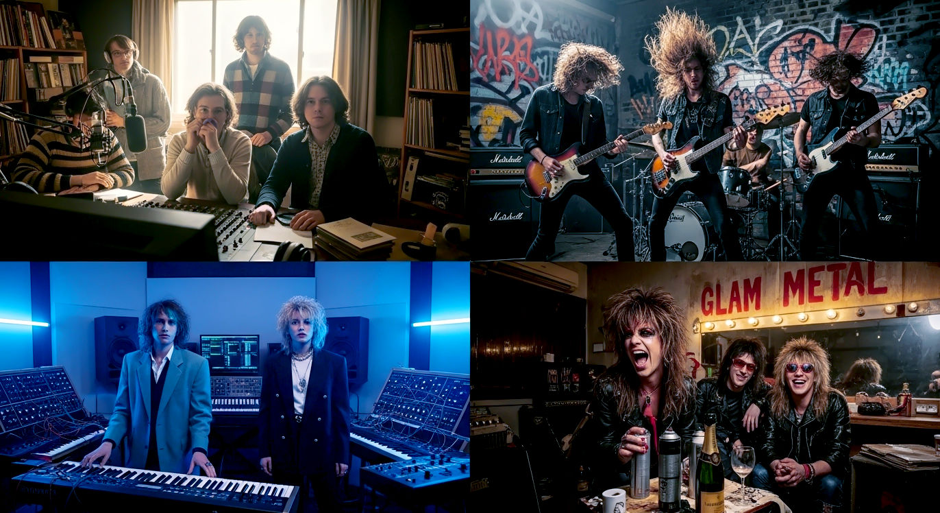 A meticulously composed, hyper-realistic split-panel image showcasing four distinct '80s rock 'tribes' in their natural habitats.Top-Left (Indie): A thoughtful, jangly indie band reminiscent of The Smiths or R.E.M., surrounded by books and records in a sunlit, slightly cluttered university radio station studio.Top-Right (Thrash Metal): A raw, high-energy shot of a thrash metal band, like early Metallica, mid-headbang in a graffiti-covered, sweaty rehearsal garage.Bottom-Left (Synth-Pop): Two moody, stylish figures akin to Depeche Mode or New Order, bathed in cool neon light, surrounded by vintage synthesisers and electronic drum machines in a sleek recording studio.Bottom-Right (Glam Metal): A decadent backstage scene of a glam metal band like Mötley Crüe, laughing amidst a chaotic mix of hairspray cans, leather jackets, and empty champagne bottles.The overall effect is a definitive visual encyclopedia of the decade's core sounds.