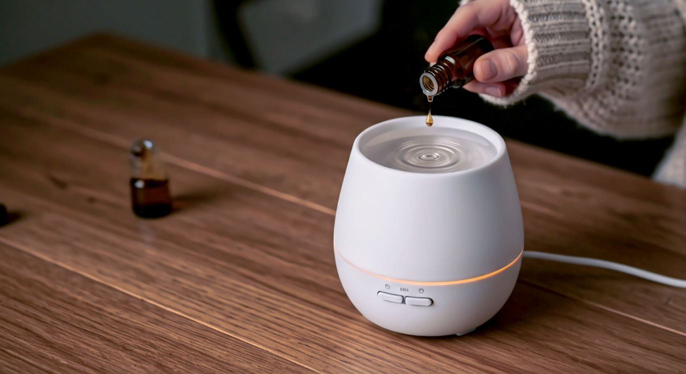 A hyper-realistic photo, 'hygge' style, capturing a mindful action. This close-up, slightly high-angle shot focuses on a white ceramic ultrasonic diffuser on a rustic oak table. A person's hand, with the cuff of a warm, cream-coloured knitted jumper visible, holds a dark amber essential oil bottle. A single, glistening drop of oil is perfectly captured mid-air, just moments from hitting the water inside the diffuser's tank.