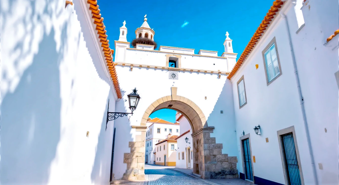 A hyper-realistic, professional photograph capturing the Arco da Vila gateway to Faro's Old Town, Portugal, seen from just outside the arch looking in. The cobbled street is sun-drenched under a clear, brilliant blue sky. A stork's nest sits proudly atop the arch's tower. The surrounding buildings are whitewashed with traditional terracotta roofs. The lighting is bright and warm, evoking a perfect summer holiday afternoon. The mood is peaceful, historic, and incredibly inviting.