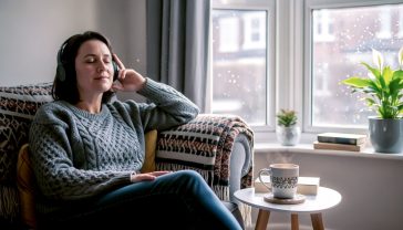 A hyper-realistic photograph with soft, natural light. A normal British person in their 30s, looking calm, sitting on a comfy sofa in a typical UK living room (e.g., in a bay window). They are wearing casual clothes (like a jumper) and have headphones on, with their eyes gently closed. A mug of tea sits on a coaster on a wooden side table next to them. The mood is peaceful, relatable, and calm—not overly spiritual or 'perfect'. The focus is on accessible wellbeing at home.