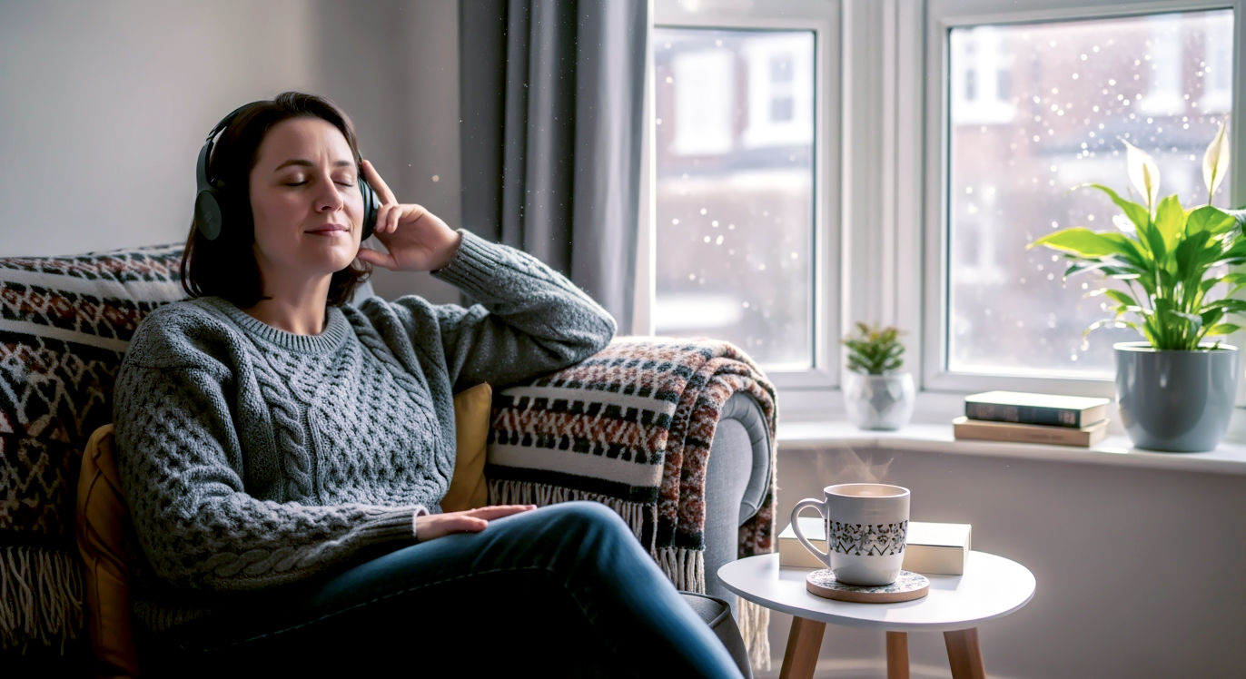 A hyper-realistic photograph with soft, natural light. A normal British person in their 30s, looking calm, sitting on a comfy sofa in a typical UK living room (e.g., in a bay window). They are wearing casual clothes (like a jumper) and have headphones on, with their eyes gently closed. A mug of tea sits on a coaster on a wooden side table next to them. The mood is peaceful, relatable, and calm—not overly spiritual or 'perfect'. The focus is on accessible wellbeing at home.