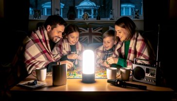 A hyper-realistic, professional photograph in the style of a cosy lifestyle magazine. The scene is a British living room during a power cut. A family (parents and two children, around 8-10 years old) are gathered on the floor around a bright LED lantern, happily playing a board game. They are wrapped in warm blankets. On a nearby coffee table, there's a flask, a couple of mugs, a wind-up radio, and a torch. The mood is warm, comfortable, and positive, not scary. The lighting is soft and intimate, coming only from the lantern, with deep shadows in the corners of the room. The decor is subtly British (e.g., a cushion with a Union Jack or a window looking out onto a rainy street).