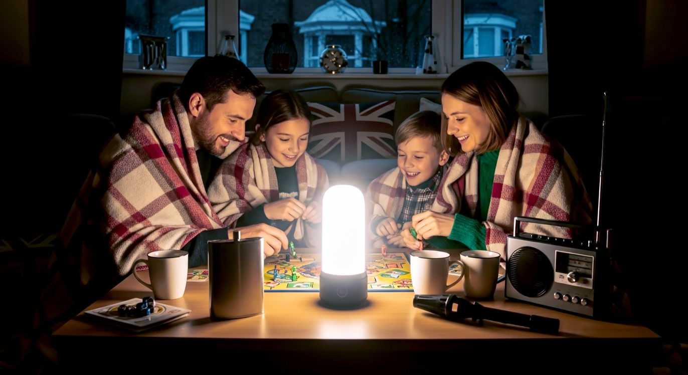 A hyper-realistic, professional photograph in the style of a cosy lifestyle magazine. The scene is a British living room during a power cut. A family (parents and two children, around 8-10 years old) are gathered on the floor around a bright LED lantern, happily playing a board game. They are wrapped in warm blankets. On a nearby coffee table, there's a flask, a couple of mugs, a wind-up radio, and a torch. The mood is warm, comfortable, and positive, not scary. The lighting is soft and intimate, coming only from the lantern, with deep shadows in the corners of the room. The decor is subtly British (e.g., a cushion with a Union Jack or a window looking out onto a rainy street).