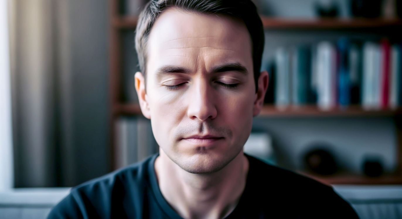A hyper-realistic, close-up photograph. A British person in their 40s sits with their eyes closed, brow completely relaxed, clearly in a moment of deep, focused calm. Soft, natural window light illuminates the side of their face and temple, creating a subtle, warm glow that metaphorically suggests positive, calming brain activity. The background is a simple, out-of-focus UK home interior (perhaps a bookshelf). The mood is one of intense, internal peace, remaining completely relatable and non-clinical.
