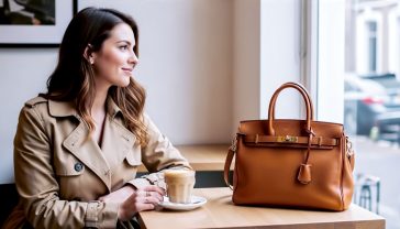 A hyper-realistic, professional photograph in the style of a chic London lifestyle blogger. A stylish woman in her late 20s sits at a minimalist wooden table in a bright, airy café in Notting Hill. She's dressed in a classic camel trench coat and is smiling subtly as she looks out the window. On the table next to her oat milk latte sits a beautiful, pre-loved tan leather Mulberry Bayswater bag, shown in sharp focus. The lighting is soft and natural, creating a warm, aspirational but achievable mood. The composition is a medium shot, focusing on the woman and the bag, evoking a sense of everyday luxury and smart style.